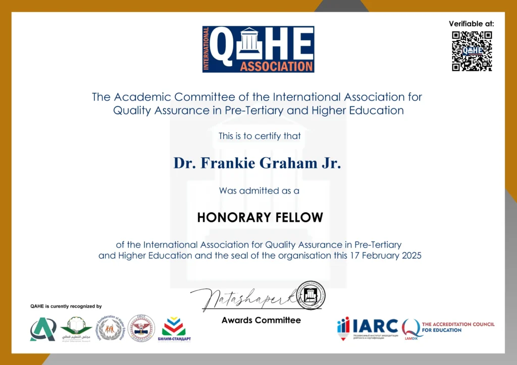 Prof. Frankie Graham Jr. QAHE Honorary Fellow Award Certificate 